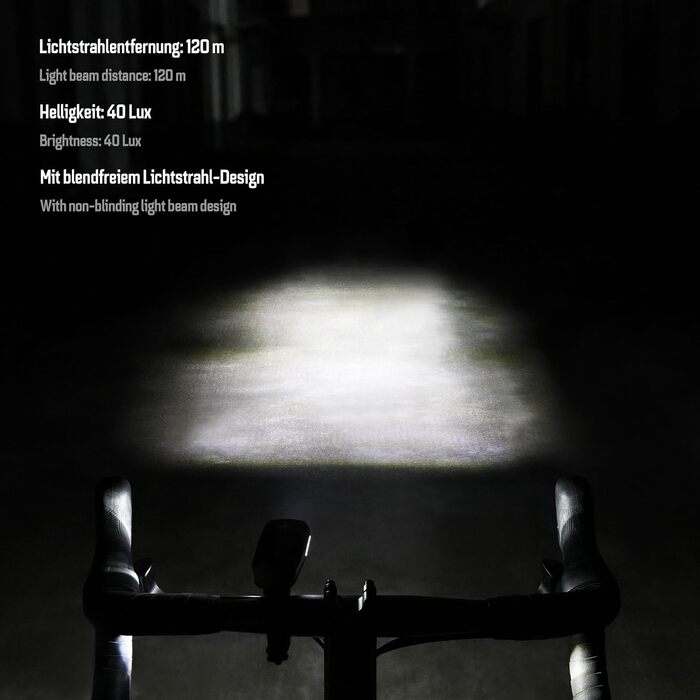 Набір велосипедних ліхтарів 40 Lux Stellar: переднє та заднє світло, сертифіковане StVZO, водонепроникне, LED з індикатором заряду батареї, для щоденного використання та їзди на роботу