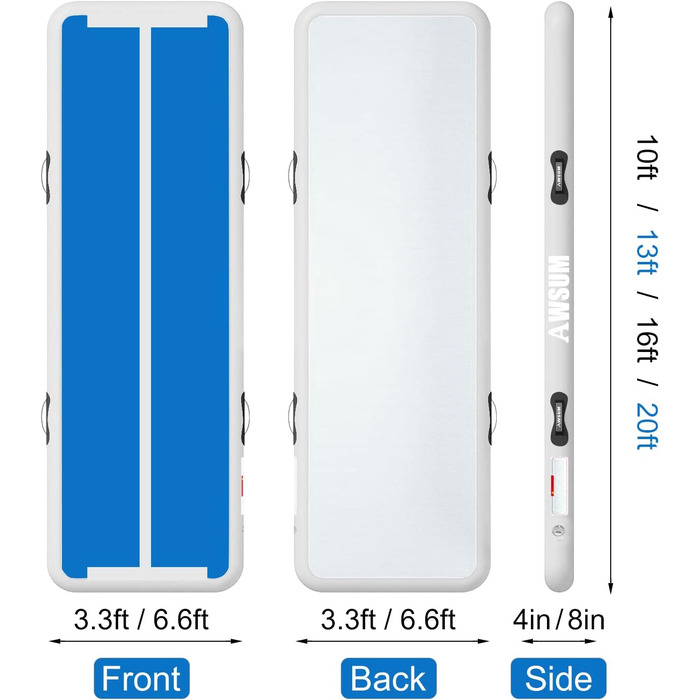 AWSUM Гімнастичний надувний мат для тренувань, фітнесу та акробатики, 3х1 метр, блакитно-білий, з насосом та сумкою