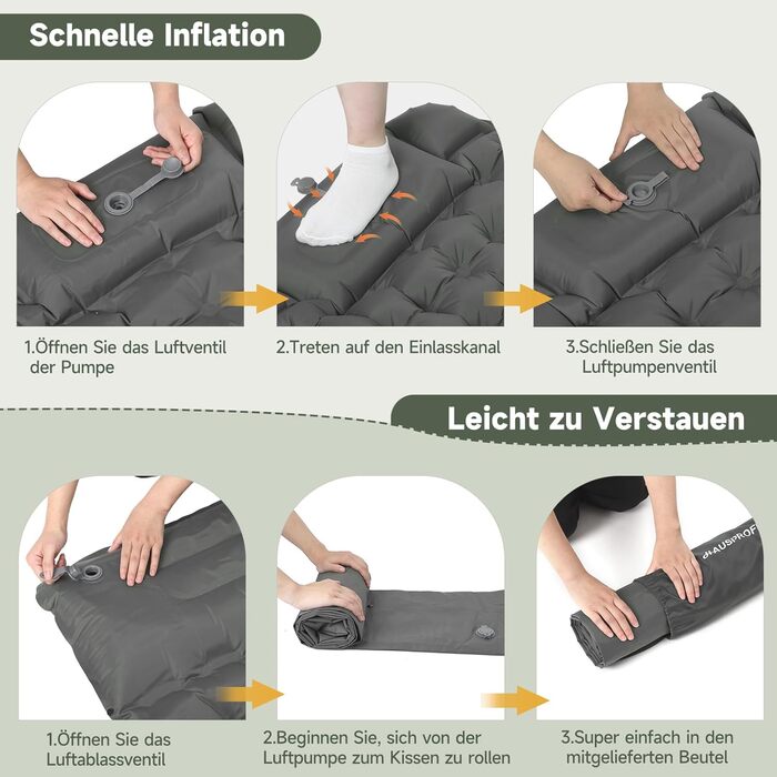 Килимок для кемпінгу HAUSPROFI Isomatte: ультралегкий надувний матрац з насосом та подушкою, для туризму, пляжу, відпочинку на природі (сірий)