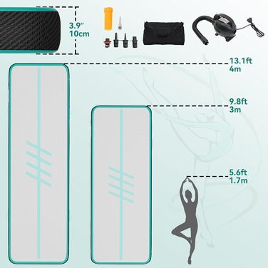 DWVO Килимок для гімнастики та акробатики Air Matte Track, 3/4M, 10см, з повітряним насосом, для тренувань, йоги, фітнесу, акробатики, гімнастики, на відкритому повітрі, зелений