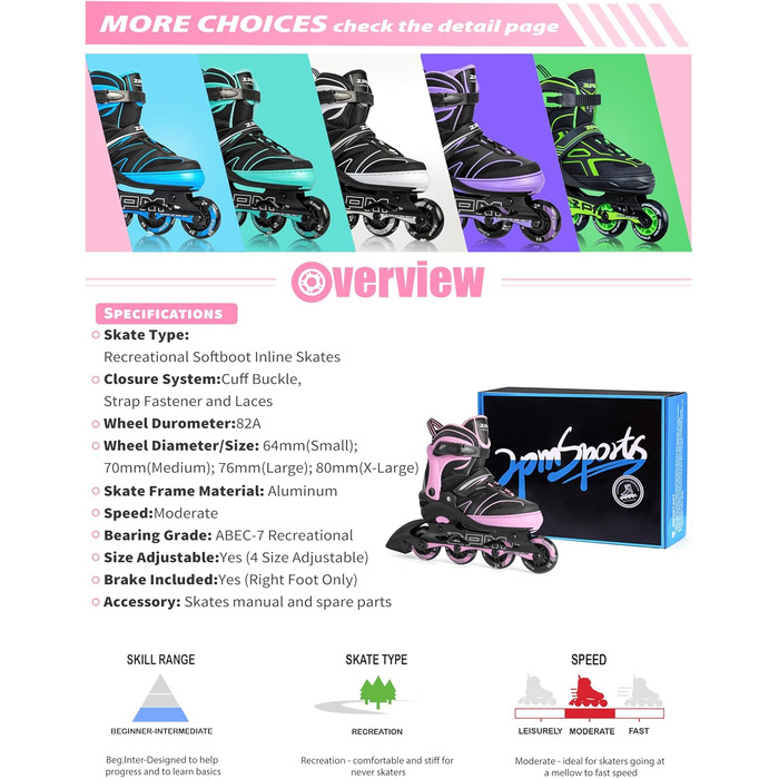 Дитячі ролики 2PM SPORTS з регульованим розміром для дівчаток та хлопчиків, ролери з колесами 82A PU, зелені (рожеві), розмір Small (EU 30-33)