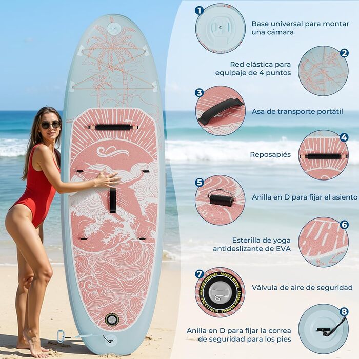 Надувний SUP борд Devoko 320x80x15 см з аксесуарами: для серфінгу, риболовлі, йоги, з кріслом для каякінгу. Синьо-рожевий