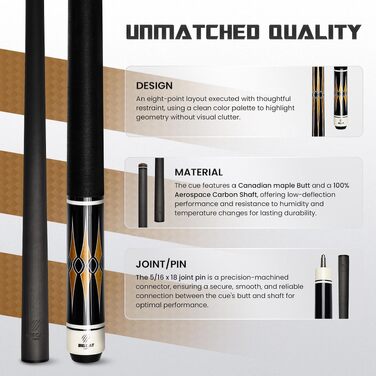 Більярдний кий Big Cat Carbon Gold Series GLD-3, карбоновий шафт Pro Taper 30.5 см, накінечник 12.4 мм, вага 19oz, чорна ірландська лляна обмотка