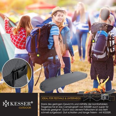 Кемпінгове ліжко KESSER®: стабільне розкладне ліжко для кемпінгу з сумкою, ліхтарем та бічною кишенею. Максимальне навантаження 250 кг, метал, оксфорд 600D, 190 см