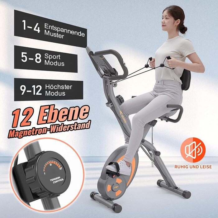 LEIKEFITNESS Велотренажер складаний для дому, 12 рівнів навантаження, пульсометр, еспандери, кардіо, сірий