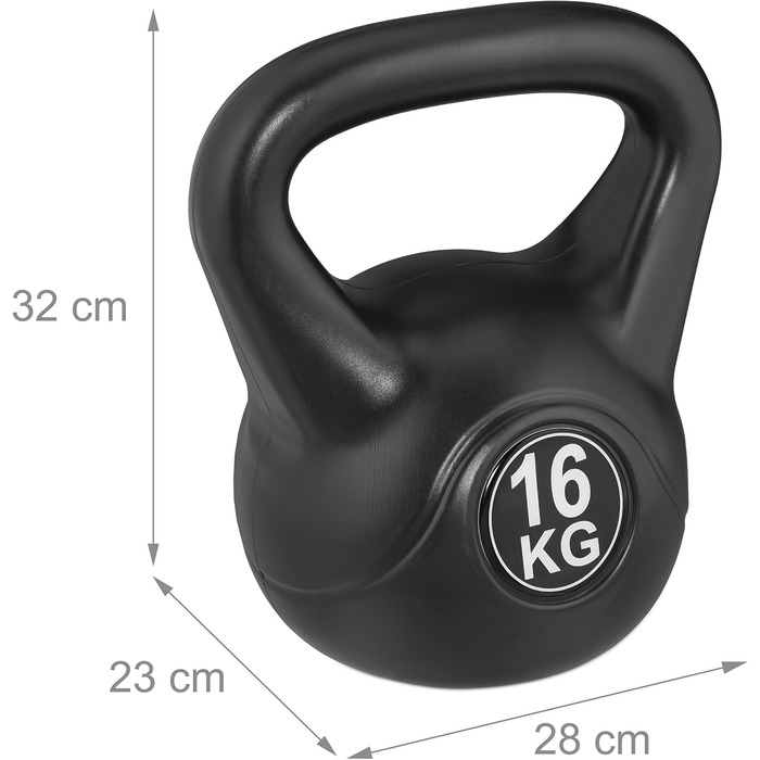 Kettlebell Relaxdays 16 кг, пластикова гиря для фітнесу, чорна, для жінок і чоловіків