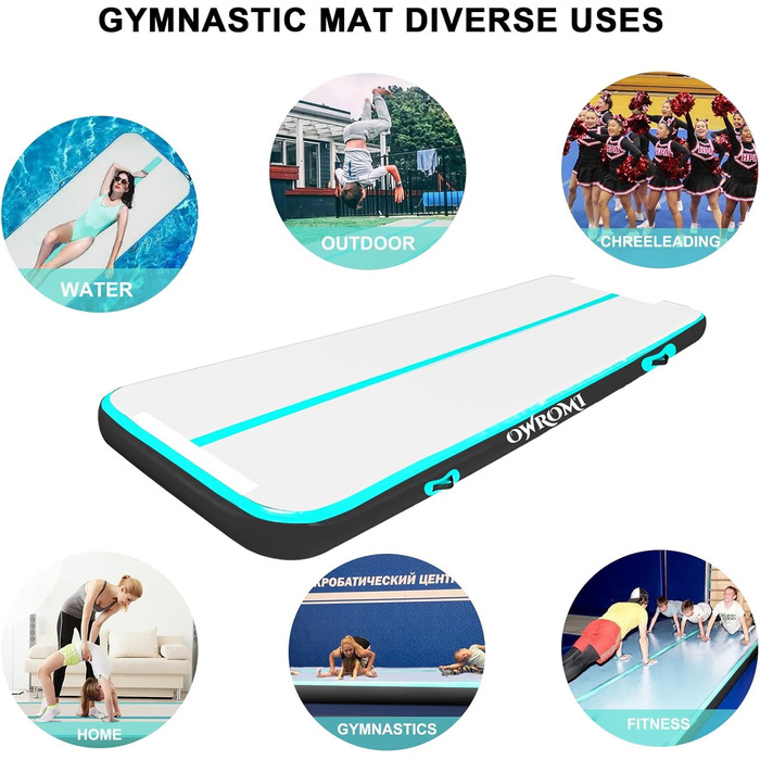 Надувний гімнастичний мат для акробатики та tumbling (6м x 1м x 10см) з електронасосом, зелений/чорний