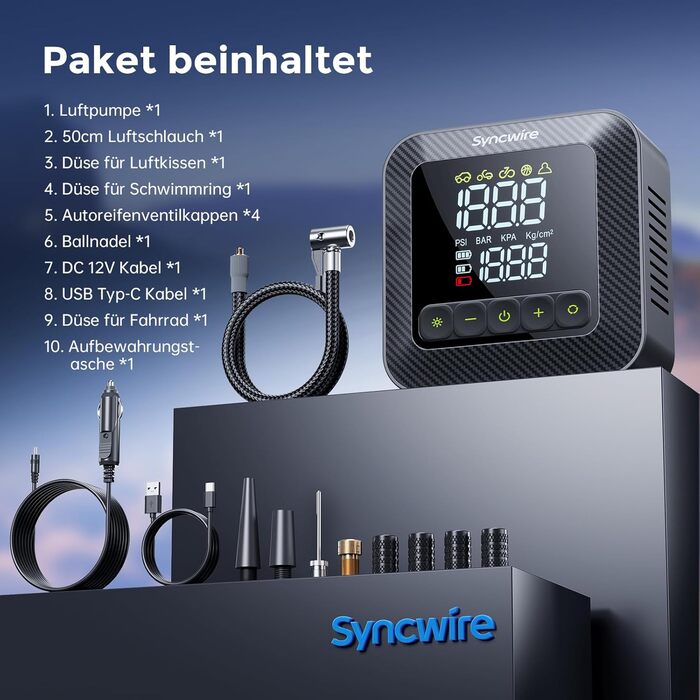 Електричний компресор Syncwire для авто та велосипедів, 10.35 Бар, швидка портативна насосна станція з LCD-дисплеєм, змінні насадки, для шин, м'ячів, з вентильними кришками