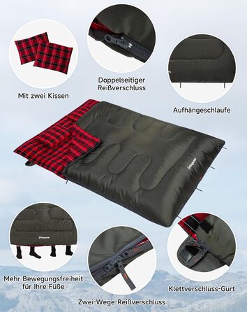 Спальний мішок KingCamp на 2 особи з фланелі, зимовий, для кемпінгу та відпочинку на природі, 3-4 сезони, з 2 подушками, підходить для дітей та дорослих (зелений)