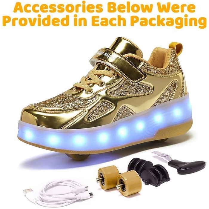 Роликові черевики для дітей з LED-підсвіткою, білі, регульовані, для занять спортом на відкритому повітрі (35 EU, Gold)