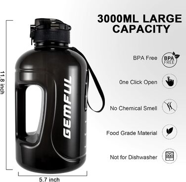 Пляшка спортивна GEMFUL 3л з мітками часу, соломинкою та ручкою, BPA-free, герметична, для фітнесу, тренувань та активного зволоження (Сіра/Чорна)