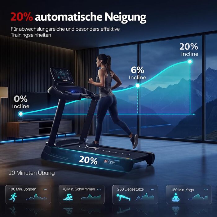 Бігова доріжка AsVIVA T20 Pro для дому: складана, швидкість до 18 км/год, нахил 20%, амортизація, макс. вага 150 кг, тренажер для кардіо та витривалості