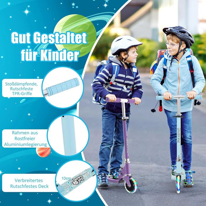 Дитячий самокат GOPLUS для дітей від 3 років, регульований по висоті, з LED-колесами та заднім гальмом, легкий алюмінієвий складний скутер, блакитний