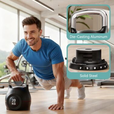 Кетлбел регульований 7-в-1 для дому, 20 кг. Набір гантелей-кетлбелів для фітнесу, чорний. Ідеально для домашнього тренажерного залу.