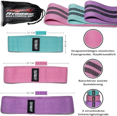 Стрічки для фітнесу Raigeki Fitness: набір з 3 шт. для силових тренувань, стегон та сідниць (Loop Resistance Bands)