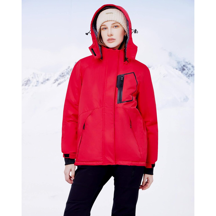 Жіноча водонепроникна куртка WULFUL для сноубордингу та лижного спорту, тепла зимова куртка з відстібною капюшоном (M, Червоний/Подорож, Однотонна (Getaway Solids))