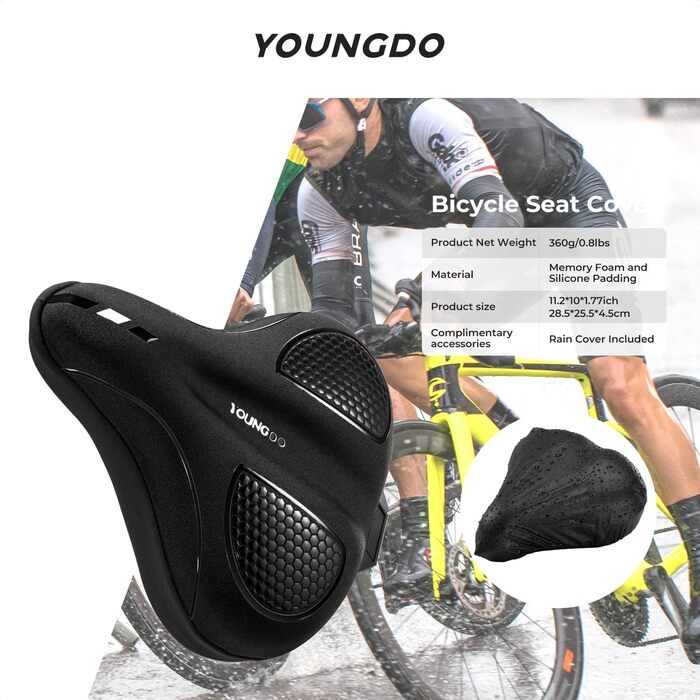 Накидка на сидіння велосипедного крісла YOUNGDO, ергономічна гелева підкладка, м'яка та комфортна, з дощовим захистом, для жінок та чоловіків (Чорний, Широкий)