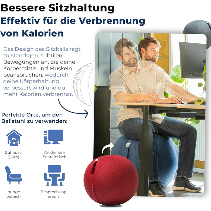 Ергономічний фітнес-стілець Sitzball 65 см - для офісу та дому, з міцної тканини, червоний