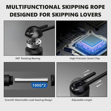 Стрибкове канат Flintronic з лічильником, регульований, з підшипниками та неслизькими ручками, інтелектуальний, з вагою, для тренувань, фітнесу, боксу (#1 Чорний)