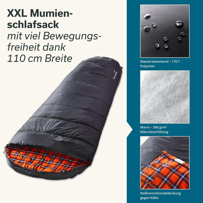 Спальний мішок Skandika Vegas Flanell XXL - для кемпінгу, 3 сезони, до -15°C, 220x110 см (Чорно-помаранчевий)