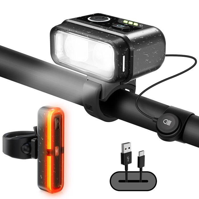 Набір велоліхтарів 100LUX: фара та задній ліхтар з гальмівним сигналом, акумулятор 3200mAh, StVZO, IPX5, для велосипеда, MTB, Ebike