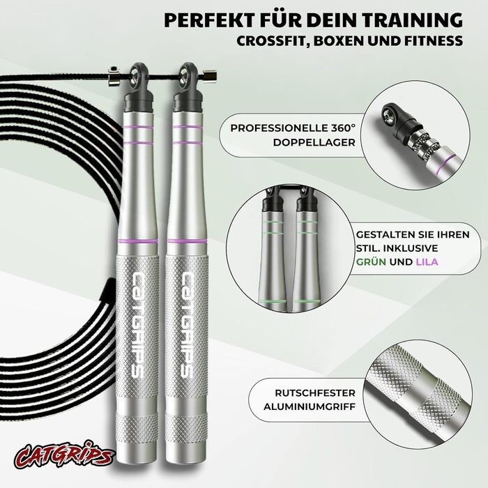 Стрибкове канат Crossfit CATGRIPS Springseil: алюмінієва ручка, сталеве ядро з підшипниками, легке та професійне для занять у спортзалі та боксі, з сумкою та запасними частинами, срібний