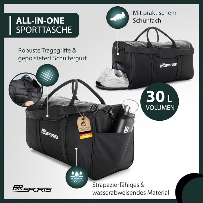 Спортивна сумка RR Sports 30 л з відділенням для взуття та пляшкою 600 мл з нержавіючої сталі, для жінок і чоловіків, тренувальна, для фітнесу, залу та футболу, 50x25x28 см, набір з 2-х штук