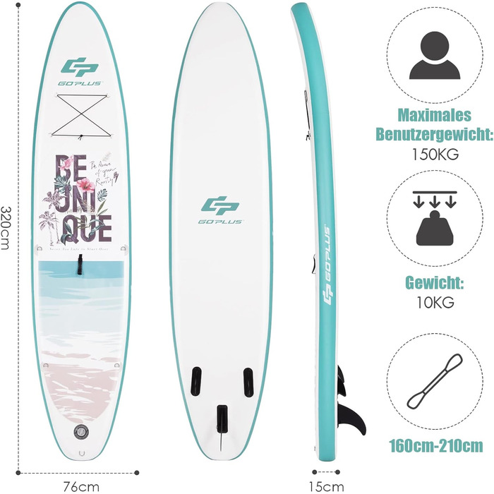 Надувна SUP-дошка COSTWAY 320×76×15 см, комплект: рюкзак, насос, весло, страховка, банджі, ремкомплект, до 150 кг, бірюзова, без сидіння
