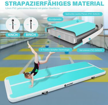 AKSPORT Килимок для гімнастики та акробатики з повітряною подушкою, 3/4/5/6 м, 10/20 см заввишки, 300x100x10 см, м'ятно-зелений