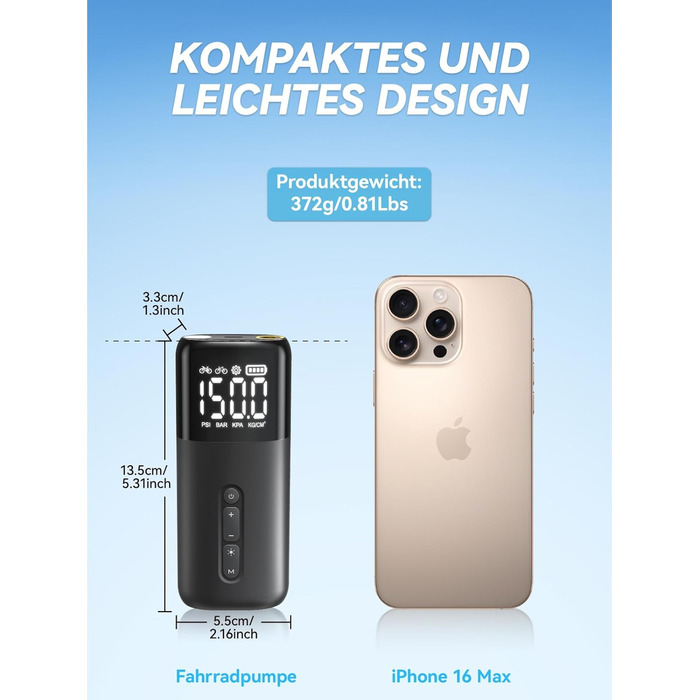 Електрична велосипедна помпа HT10, 150 PSI, акумуляторна, з цифровим манометром, Presta/Schrader, для шосе, MTB, E-bike, city bike