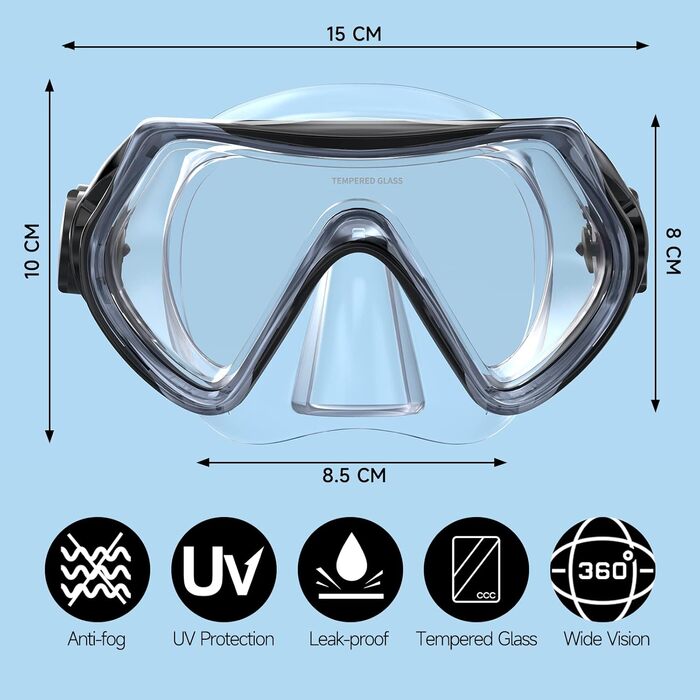 Дитяча маска для снорклінгу та плавання Findway з набірником, 180° панорама, HD, антизапар, анти-тік, для дітей 4-16 років (чорний комплект)