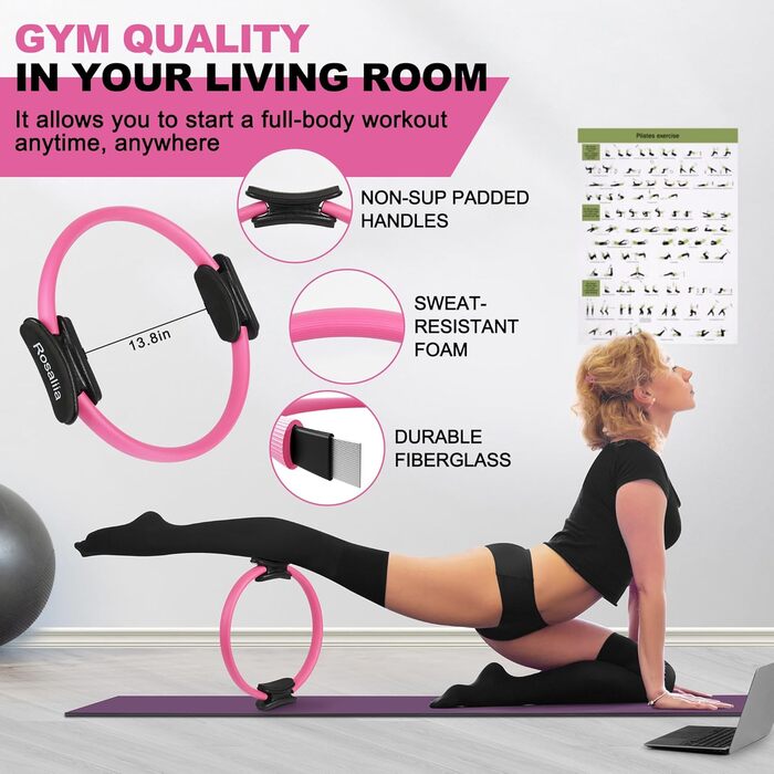 Набір для пілатесу: кільце, фітнес-гумка для стегон, стрічка для розтяжки, фітнес-постер (рожевий)