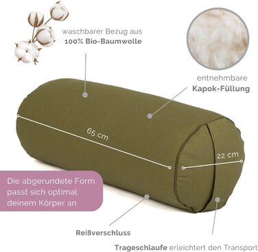 Йога-болстер Bodhi ECO, круглий, 100% біобавовна, наповнювач з органічної лузги полби, знімний чохол, для відновлювальної йоги, зелений, 65x20 см