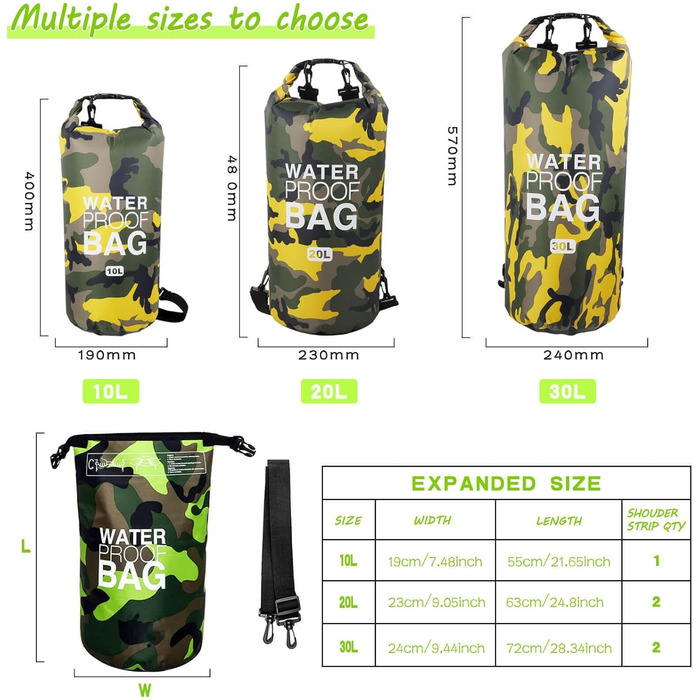 Водонепроникний мішок Dry Bag 10L/20L з регульованим плечовим ременем для плавання, рафтингу, кемпінгу, риболовлі, катання на човні, піших прогулянок та каякінгу (Жовтий)