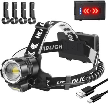 Налобний ліхтар NAKCNM LED 15000 люмен з COB світлом, акумуляторний, з заднім світлом, 4 режими, регульований фокус, водонепроникний, для риболовлі, туризму, бігу, кемпінгу та пригод