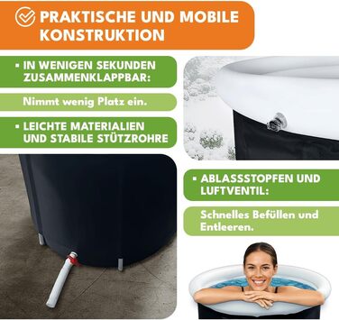 Естонна 320 L – Складана ванна для дорослих, для відпочинку та холодотерапії з насосом, кришкою, клапаном та підтримуючі трубки – Міцна ванна з ПВХ