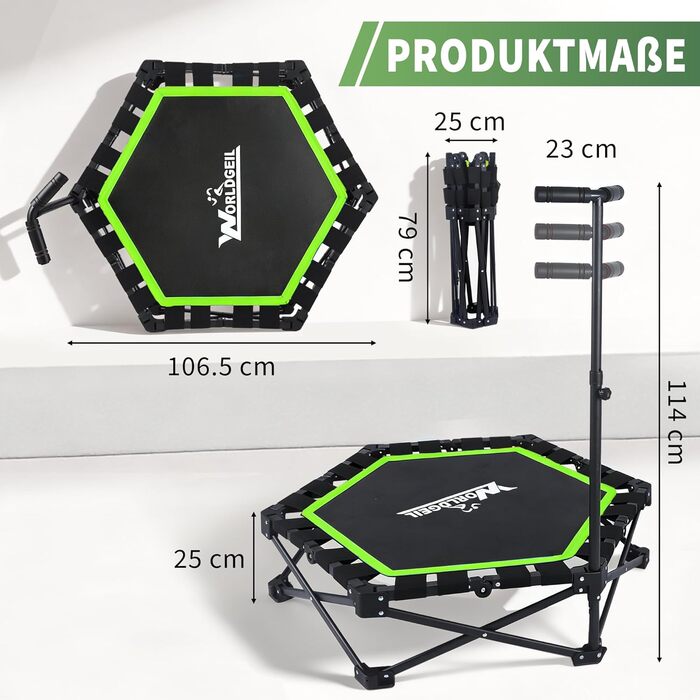 Складаний фітнес-батут для дому з регульованою ручкою, навантаження до 150 кг, Ø 86.5 см, для дорослих та дітей (Зелений)
