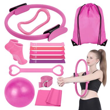 Набір для пілатесу: 13 елементів, кільце для пілатесу 38 см, фітбол 25 см, еластичні стрічки, рожевий. Обладнання для домашнього фітнесу