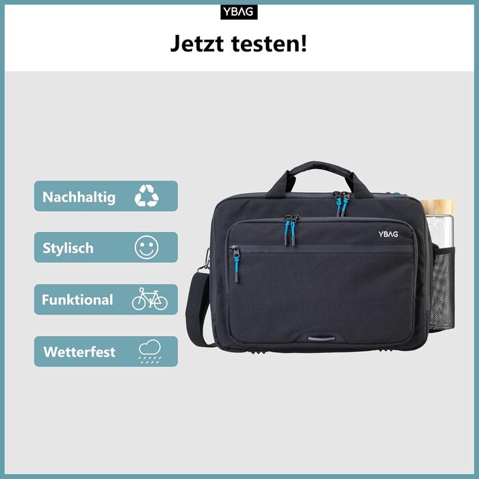 YBAG Commuter – екологічна велосипедна сумка для ноутбука, офісна сумка на багажник з 4 відділеннями, внутрішніми кишенями, сіткою для пляшки, дощовим захистом і світловідбивачами