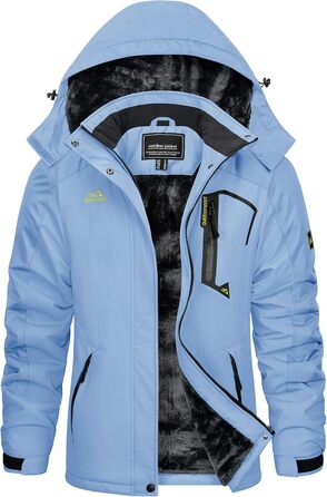 Зимова куртка KEFITEVD для жінок, тепла з підкладкою фліс, перехідна куртка, товста сноубордична куртка з капюшоном та кишенями на блискавці, вітронепроникна, світло-блакитна