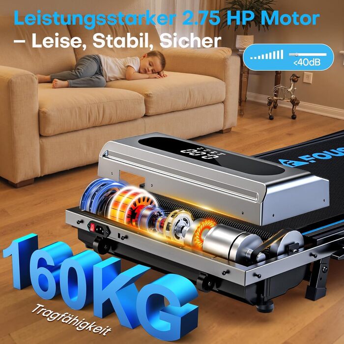 Біговий доріжка для дому 5-в-1, складаний, з підйомом до 9%, потужність 2.75HP, 12 HIIT програм, дистанційне керування та додаток, до 160 кг, срібно-блакитний