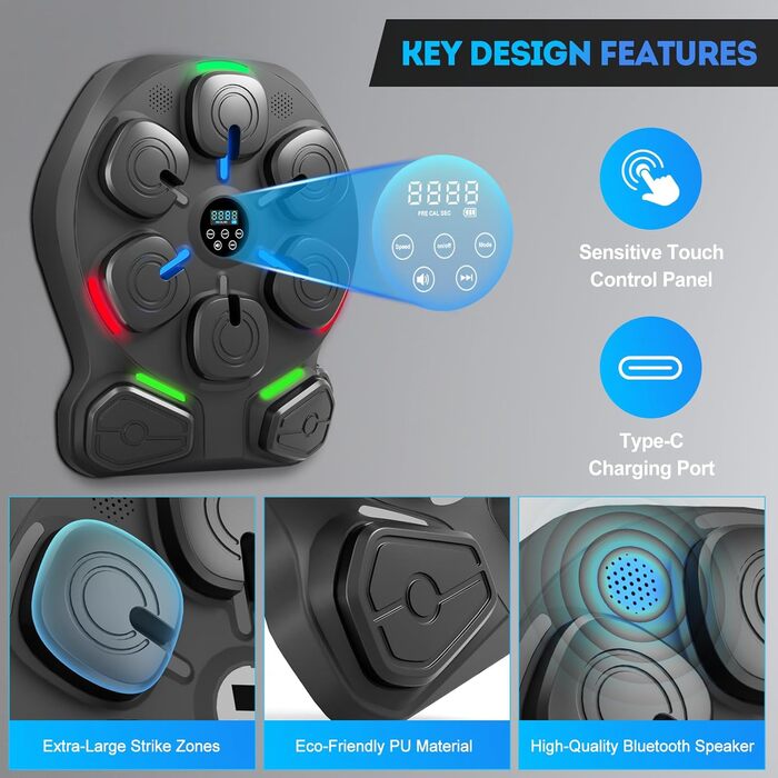 Музична боксерська машина ZAKVOP з 8 цілями, Bluetooth, 10 швидкостей, 9 режимів, LED, акумулятор 4000mAh, рукавички