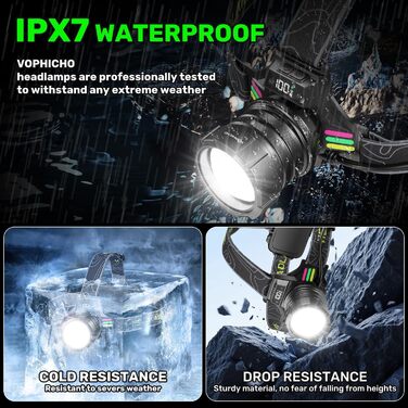 Ліхтар на голову LED акумуляторний, 90000 люмен, Zoom, сенсор, 3 кольори світла, червоне аварійне світло, 7000mAh, IPX7, для кемпінгу, риболовлі