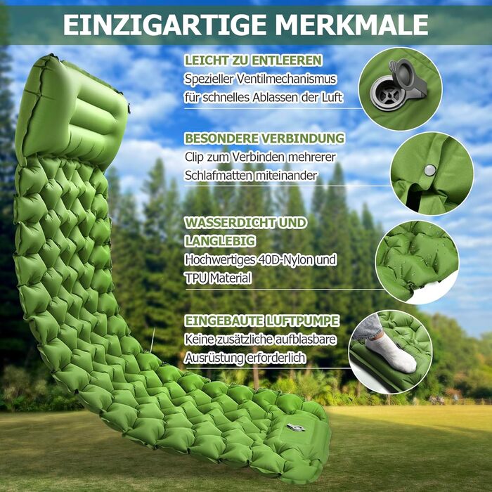 Isomatte Amtake самонадувна, 10 см, для кемпінгу, ультралегка, з насосом, водонепроникна, зелена