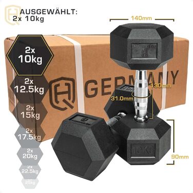 Гантелі HQ Germany Hexagon 2x10 кг, набір, шестигранні, ±1,5% вага