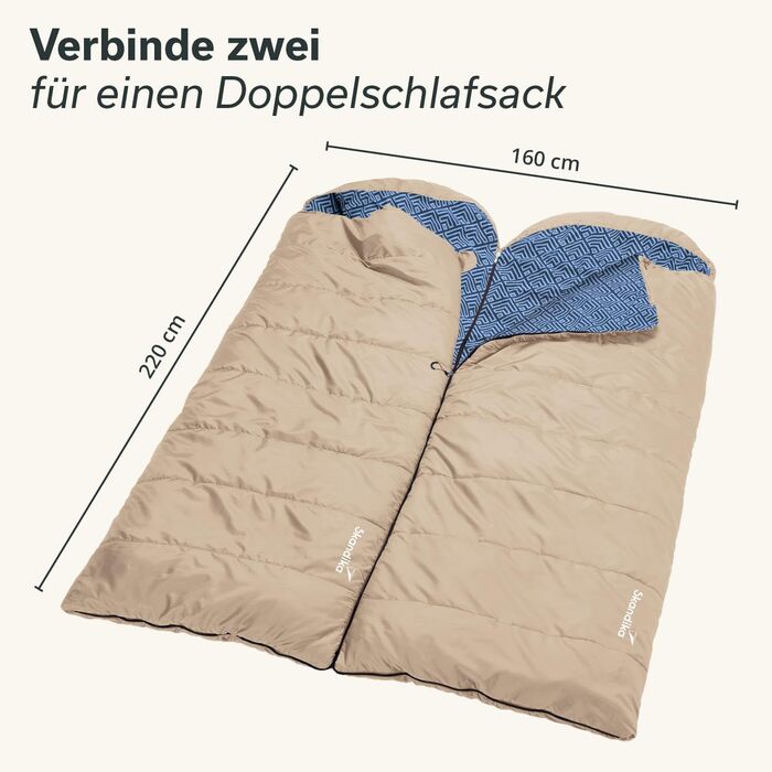 Спальний мішок Skandika Dundee Flanell з бавовни, преміум-якість, з'єднується, двомісний, 3 сезони, до -20°C, 220 x 80/160 см, для кемпінгу