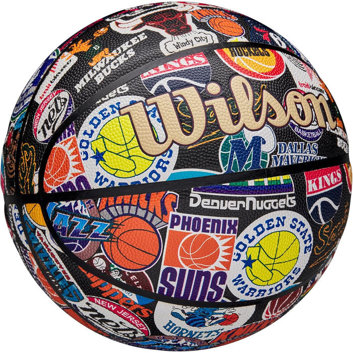 М'яч для баскетболу Wilson NBA All Team Retro, розмір 7. Ретро дизайн, технологія Dual Depth, поверхня Pure Feel, покращена повітряна утримання, класичні логотипи Hardwood.