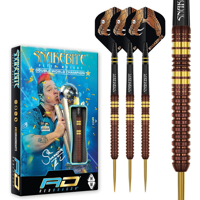 Дротики Red Dragon Peter Snakebite Wright Copper Fusion Premium Wolfram, 23 г, з оперенням і стрижнями