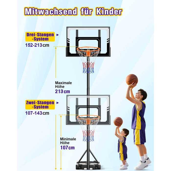Баскетбольний кошик для вулиці дитячий, 107-213 см, зі стійкою та колесами, регульована висота, ударостійка PC-стінка, сірий. Подарунок для дітей