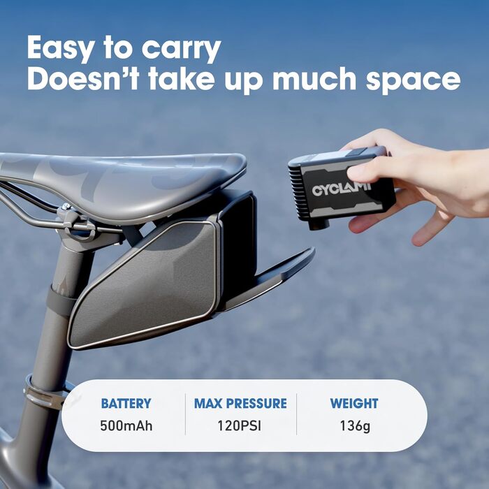 Електричний міні-насос для велосипеда CYCLAMI A2S з USB-C, автоматичним вимірюванням тиску та відключенням при 120 PSI, підходить для ніпелів Presta і Schrader